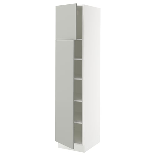 White ikea SEKTION kitchen cabinet, light grey, slim rectangular design with adjustable shelves.