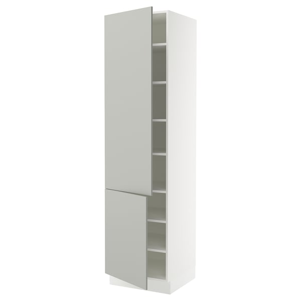 White SEKTION cabinet, light grey, tall, modern design, one open door revealing shelves.
