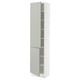 White tall storage cabinet with glass doors, modern and minimalist design, light grey tone.