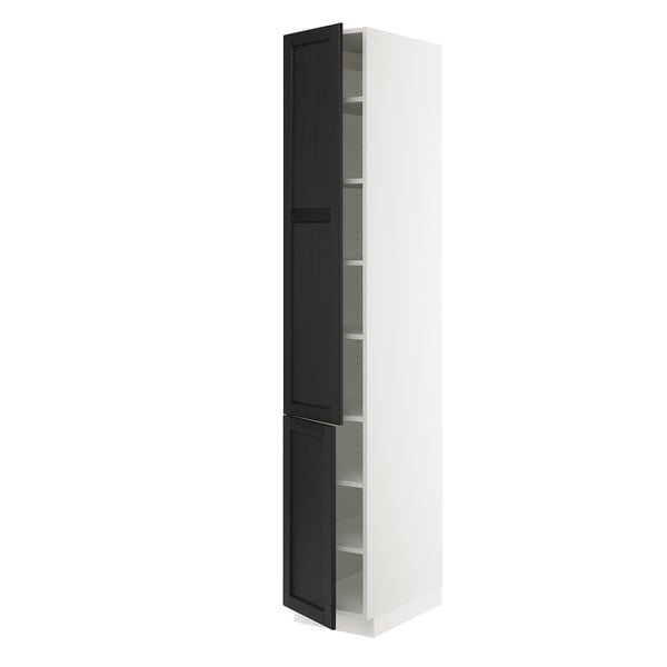An open white SEKTION kitchen cabinet with black stained ash doors. It adjustable shelves and a modern design.