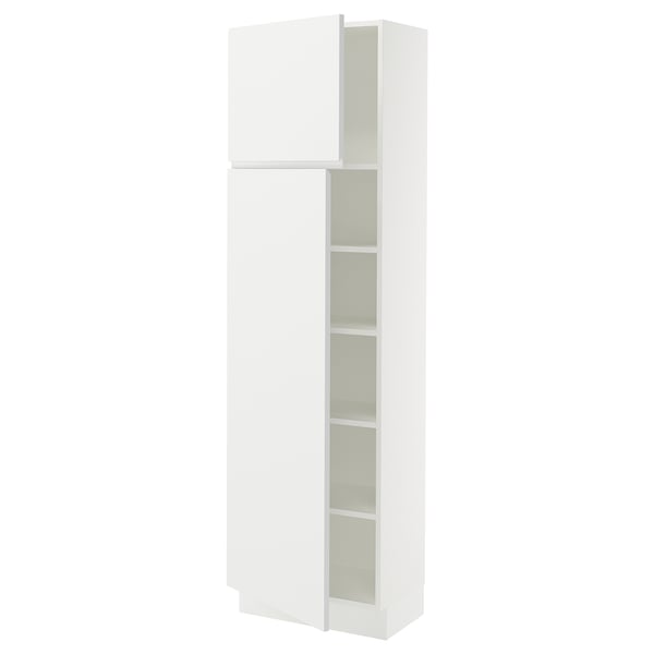 A SEKTION kitchen cabinet in white with minimalist design. It has a tall, rectangular shape with one open door revealing adjustable shelves.