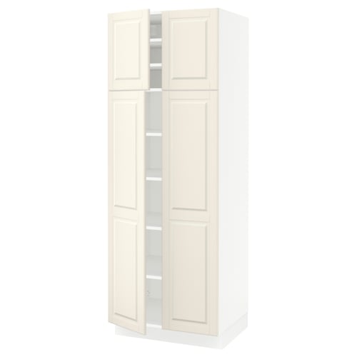 Ikea SEKTION cabinet, off-white, tall and rectangular, four doors with bevelled edges and adjustable shelves.