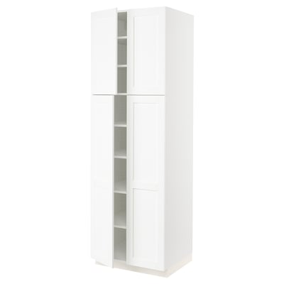 White, tall, kitchen cabinet with multiple shelves.