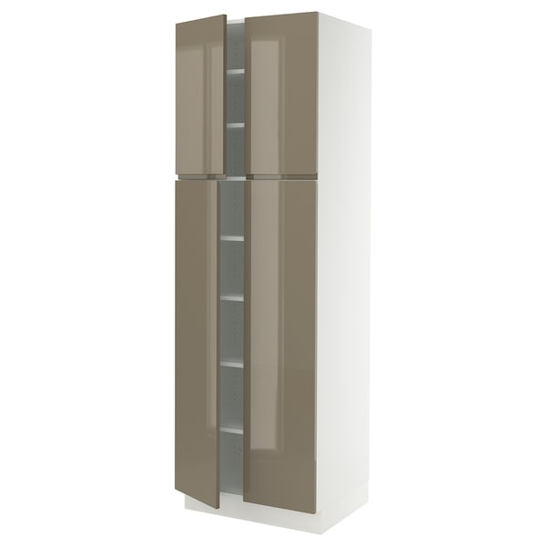 SEKTION kitchen cabinet, high gloss dark brown, sleek handles, tall, adjustable shelves.