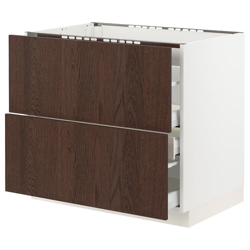 Ikea SEKTION kitchen unit, dark brown sinarp drawers with oak veneer, white cabinet, rectangular, modern design.