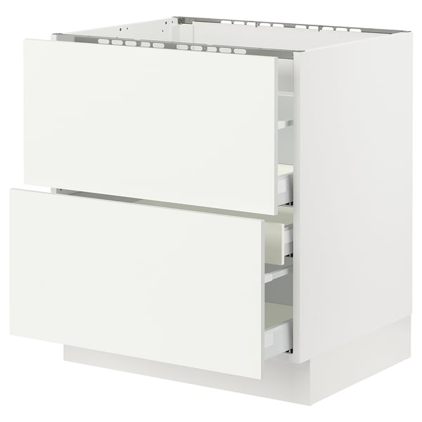 An all-white SEKTION kitchen cabinet set with drawers and a flat top. The clean design modern, smooth surfaces and metal drawer runners.