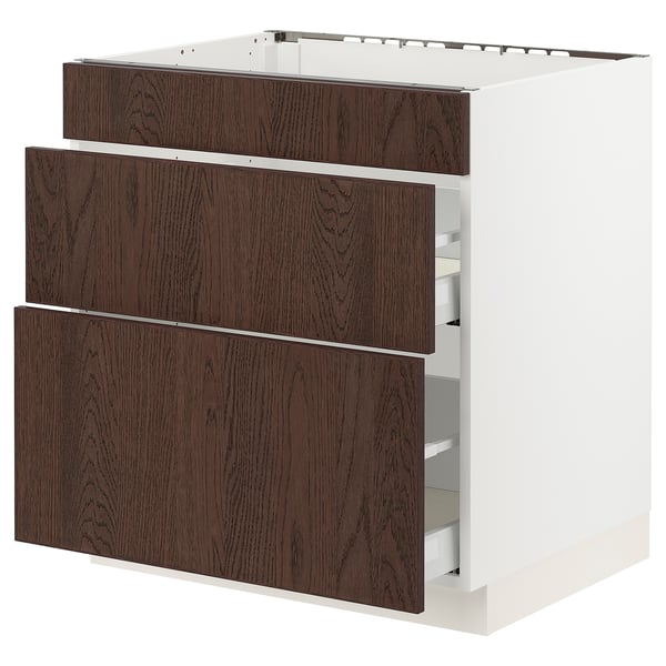 IKEA SEKTION kitchen cabinet in white and dark brown wood. Three drawers with wooden handles, modern and sleek design.