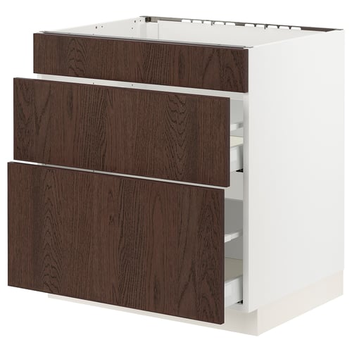 IKEA SEKTION kitchen cabinet in white and dark brown wood. Three drawers with wooden handles, modern and sleek design.