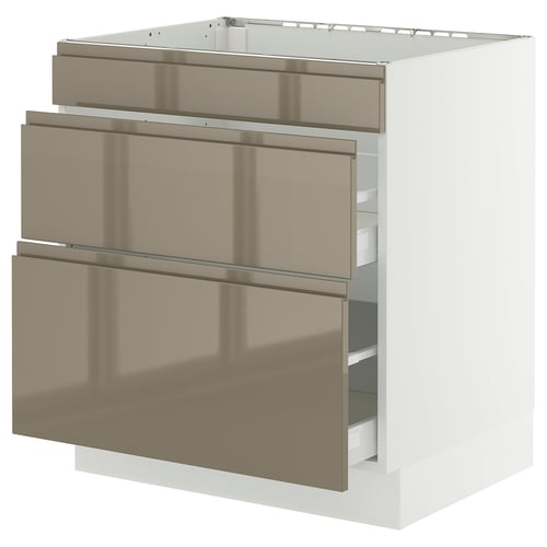 Modern kitchen cabinet, white with 3 dark bronze metallic drawers, sleek and elegant.