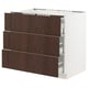 An ikea SEKTION kitchen cabinet with three dark brown wooden drawers on a white base.