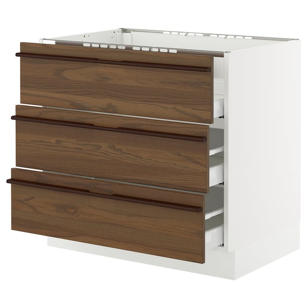 White & brown ikea SEKTION drawer unit with 3 dark ash veneer drawers.