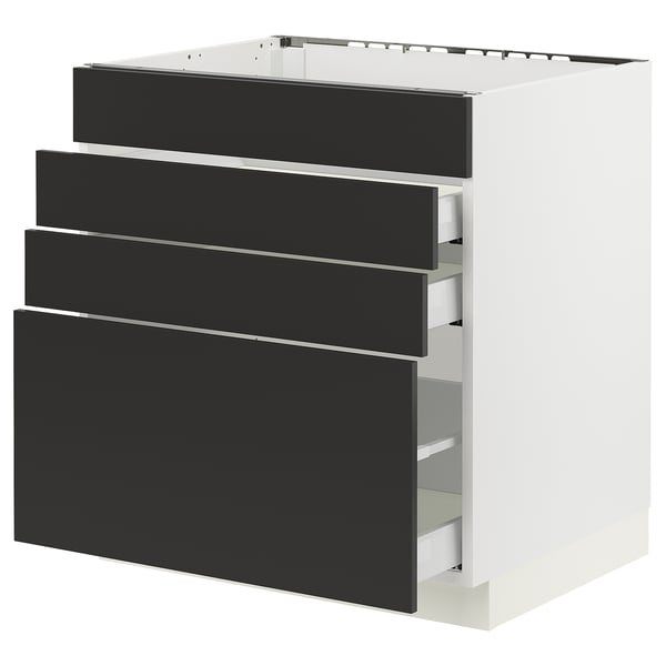 Modern black drawer unit, white body, four drawers, sleek minimalist design.