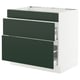 Modern kitchen unit, white with green drawers, rectangular shape, three drawers.