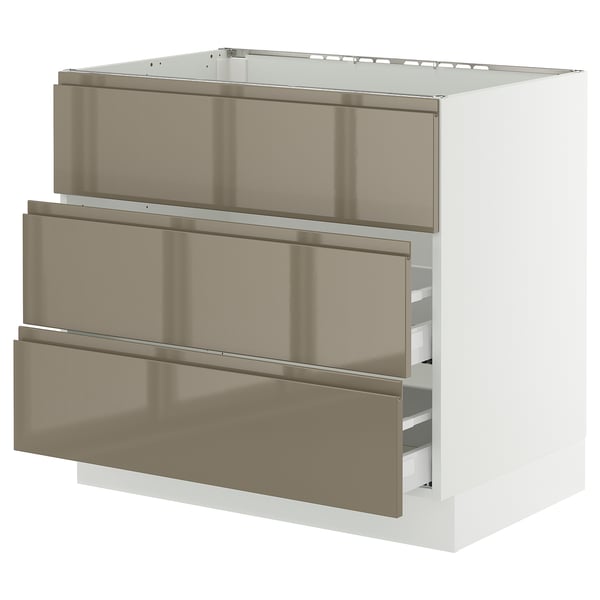 Ikea SEKTION kitchen drawer unit in metallic bronze with three drawers.