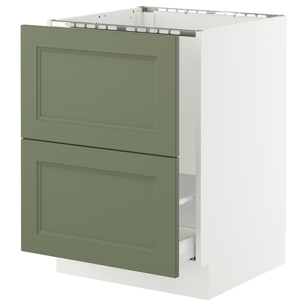 Modern kitchen cabinet in grey-green with two drawers and door.