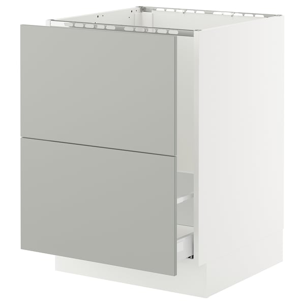 Modern white and grey kitchen cabinet. Rectangular shape with two drawers. Made of metal and particleboard.