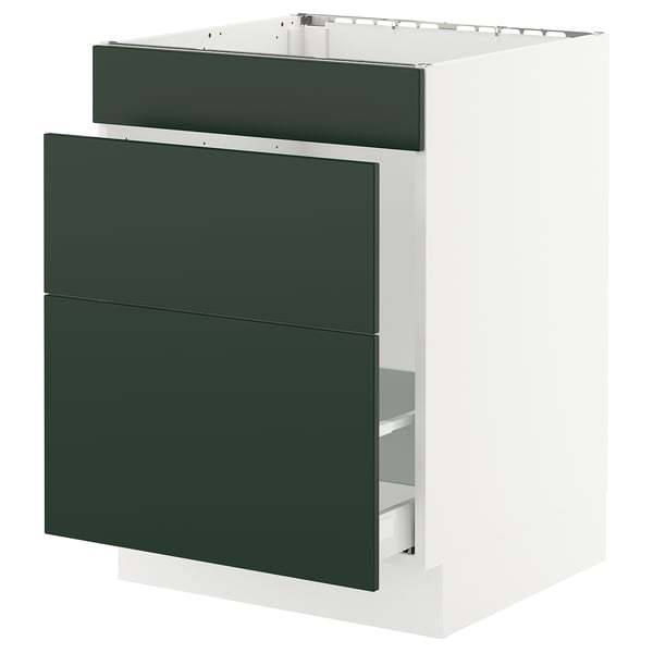 A SEKTION kitchen cabinet with green havstorp fronts, set against a white frame. It two drawers and is designed for sturdy use.