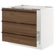 Modern kitchen cabinet, SEKTION model, featuring dark brown wood grain front, white frame, three wide drawers with wooden handles, sturdy and sleek.