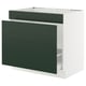 Modern green kitchen cabinet with three drawers and white frame.