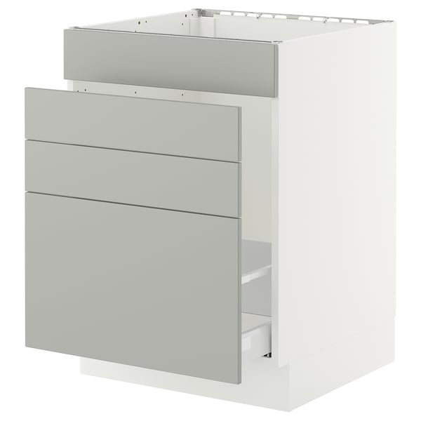 Modern light grey kitchen cabinet with three drawers and handle-less design.