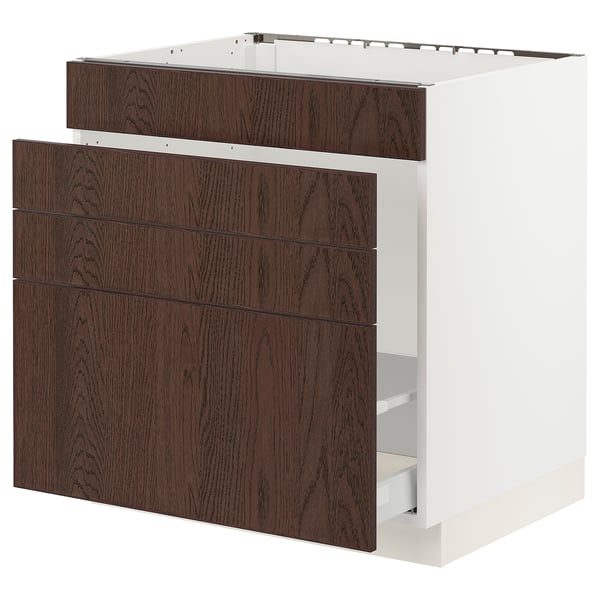 SEKTION kitchen cabinet, dark brown wood, 4 drawers, white frame.