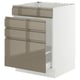 A modern white kitchen cabinet with dark gray-brown high-gloss drawers, featuring integrated handles for a sleek look.