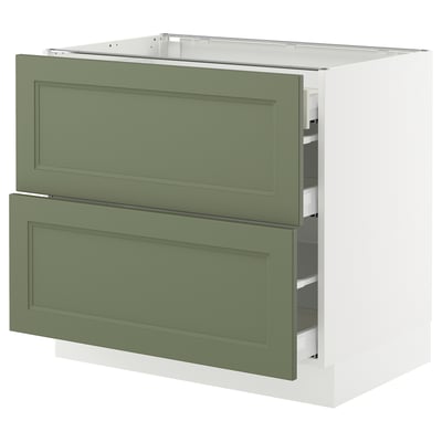 Green ikea SEKTION kitchen drawer unit with 2 smooth drawers, white background.
