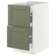 SEKTION kitchen cabinet in grey-green with two open drawers, showcasing smooth metal runners and a rectangular, modern design.