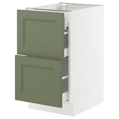 SEKTION kitchen cabinet in grey-green with two open drawers, showcasing smooth metal runners and a rectangular, modern design.