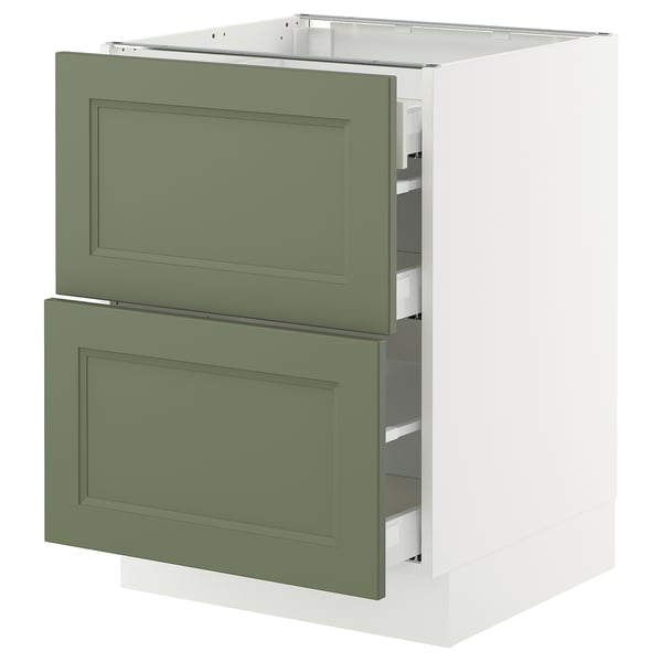 SEKTION kitchen cabinet in green-gray with two drawers, modern design, white base.