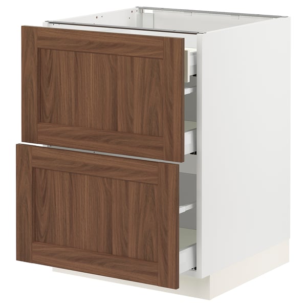SEKTION kitchen cabinet in white with walnut drawer fronts. Two drawers, sleek and modern design.