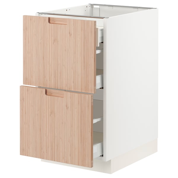 SEKTION kitchen cabinet in white with natural bamboo drawers, sleek design, two open drawers revealing metal runners.