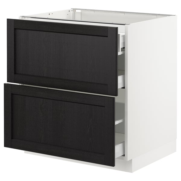 Modern kitchen cabinet, white, dark wood drawers, rectangular, with full-extension drawers.