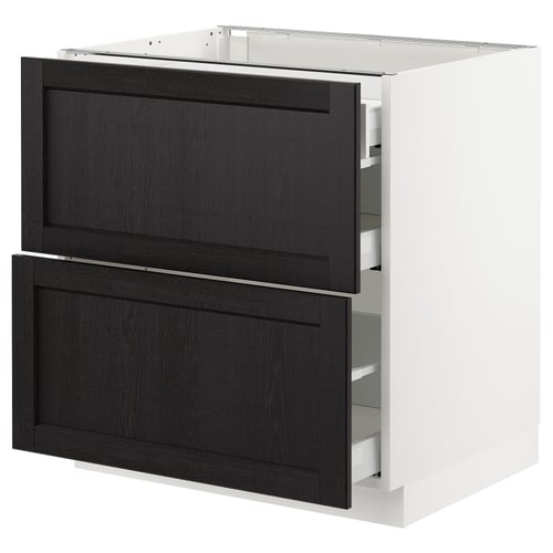 Modern kitchen cabinet, white, dark wood drawers, rectangular, with full-extension drawers.