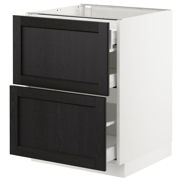 An ikea SEKTION kitchen cabinet with two black-stained drawers. The cabinet has a white frame and dark wood finish drawers with beveled edges.