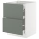 Displays a modern kitchen cabinet in white with gray-green drawers, featuring a sleek, minimalist design and sturdy construction.