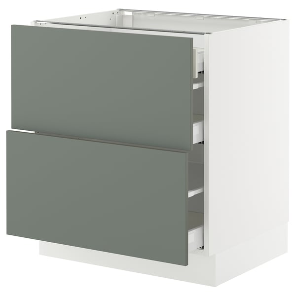 A SEKTION kitchen cabinet with grey-green nickebo drawers. It two large drawers and one small drawer, all on a white base.