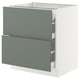 A SEKTION kitchen cabinet with grey-green nickebo drawers. It two large drawers and one small drawer, all on a white base.