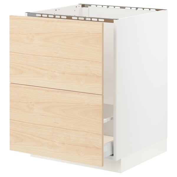 An ikea SEKTION kitchen cabinet with a light ash wood front, featuring a smooth-running drawer and a sturdy frame.