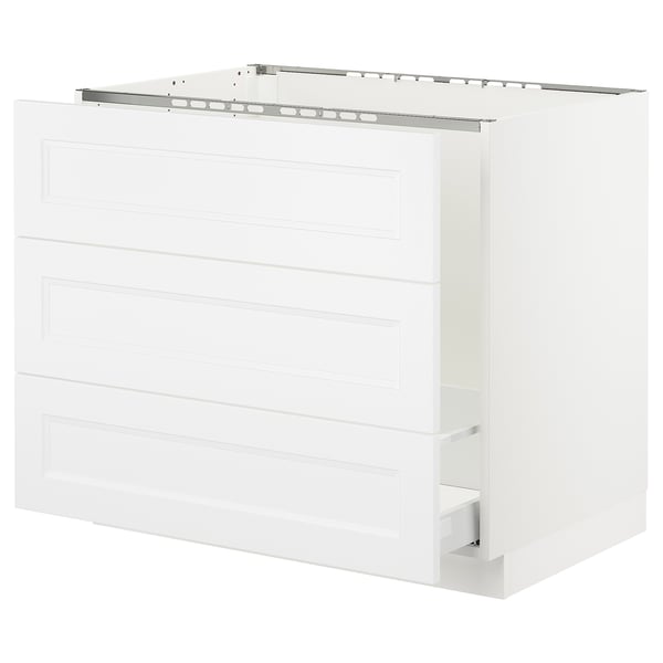 SEKTION white kitchen cabinet. Modern, rectangular design. Three drawers, top open space. Sturdy and sleek.