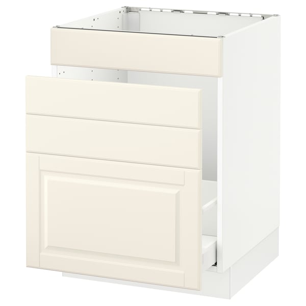 Off-white kitchen cabinet, modern design, cream finish, square shape, white drawer.