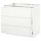An ikea SEKTION kitchen cabinet in white with three drawers and a glass top rail.