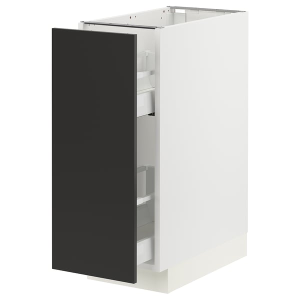 A white SEKTION kitchen cabinet with a black nickebo door, featuring a pull-out mechanism and sleek, modern design.