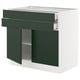 SEKTION kitchen unit with dark green drawers and doors. Two drawers and two cabinet doors, white frame, modern design.