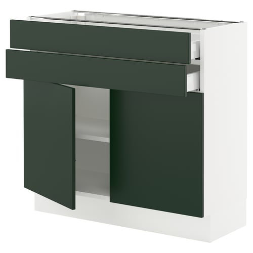 This image shows an ikea SEKTION kitchen cabinet in white with dark green havstorp fronts, featuring a smooth drawer and an open shelf.