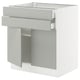 Ikea SEKTION kitchen cabinet, light grey, metal and particleboard, rectangular, modern, clean design, two open drawers.