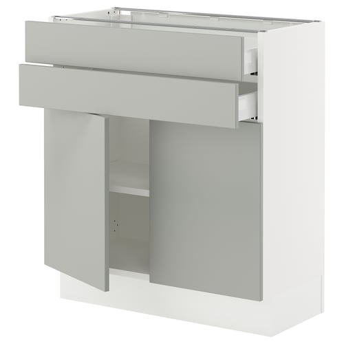 A modern light grey SEKTION kitchen cabinet unit with adjustable shelves. It has a sleek, clean design.
