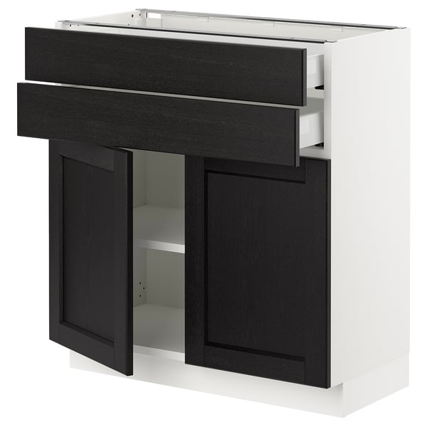 Modern kitchen cabinet, white base, black stained wood doors and drawers, bevelled edges, adjustable shelves, with drawer dampers.