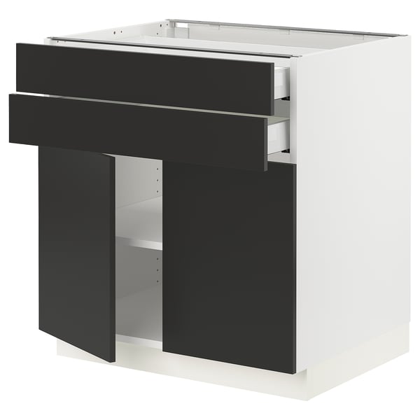 Modern black-white kitchen cabinet with drawers and shelves.