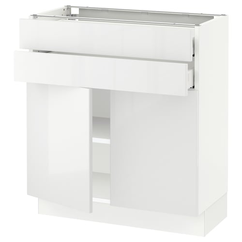White high-gloss modern kitchen cabinet with adjustable shelves.